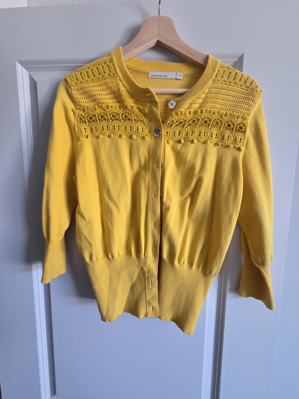 Karen Millen Bright Yellow Crochet Yoke Button Cardigan